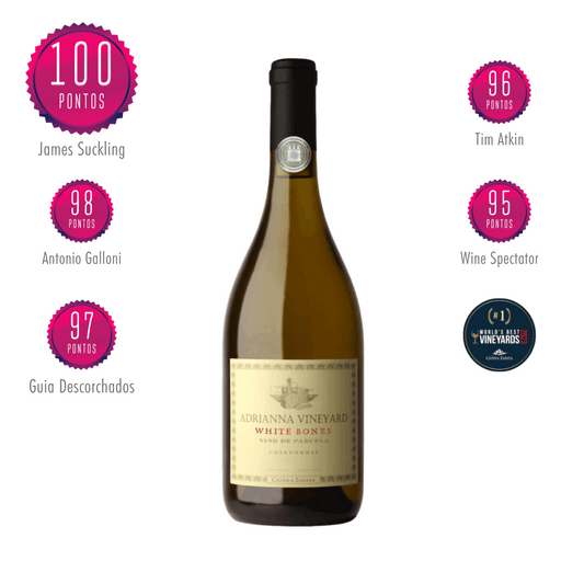 Adrianna Vineyard White Bones Extraordinário Chardonnay, feito pela Catena Zapata no Valle de Uco, Argentina. Vinho branco argentino em nossa loja e delivery para Belo Horizonte BH e Nova Lima.