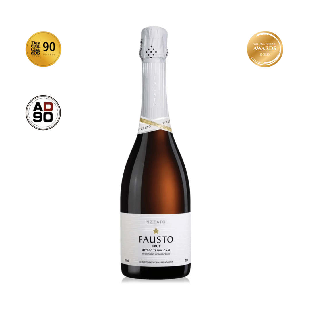 Espumante Fausto Brut Branco da Vinícola Pizzato - Serra Gaúcha, Rio Grande do Sul. Disponível em nossa loja e delivery para BH, Nova Lima e Pampulha.