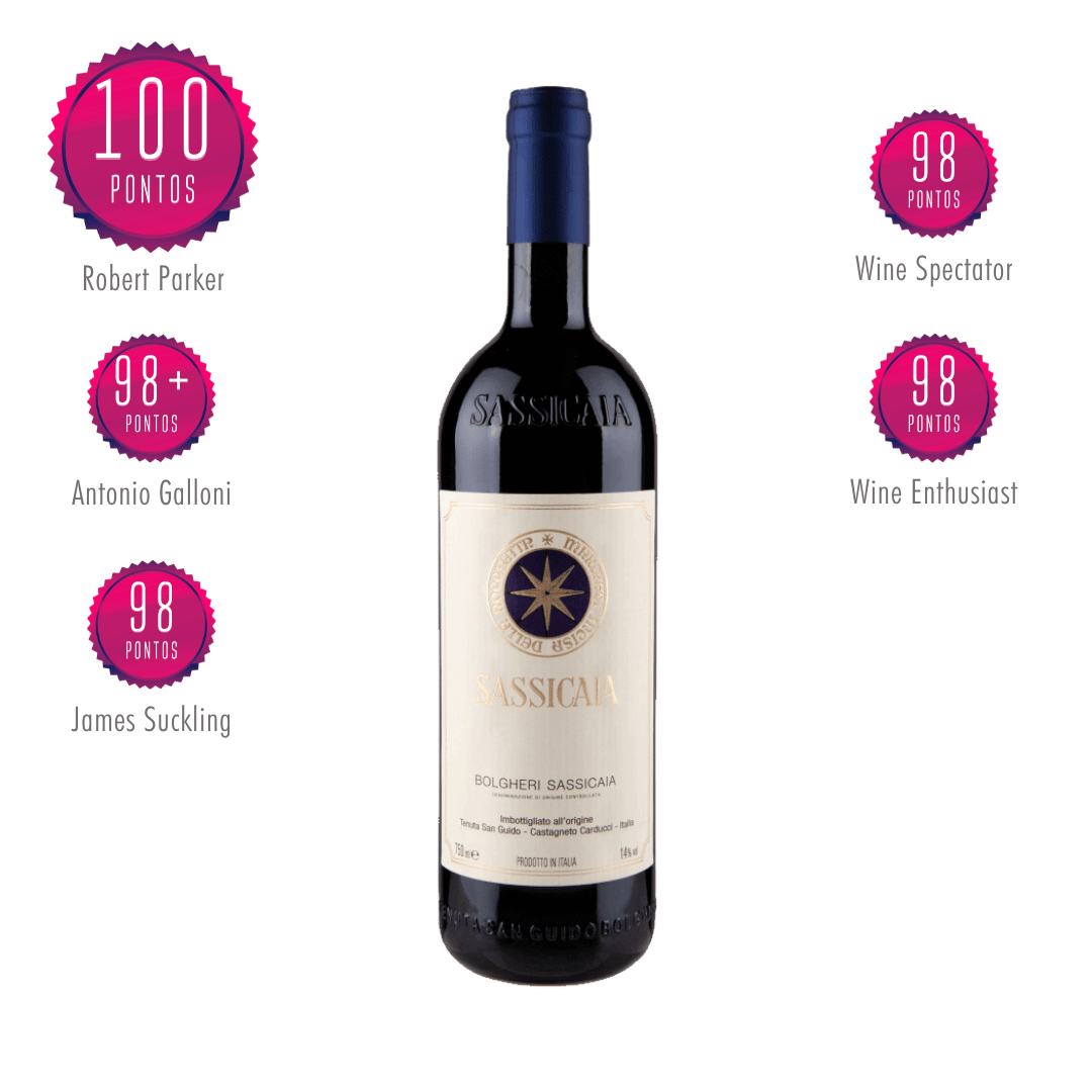 Sassicaia 2021 Tenuta San Guido Bolgheri, Toscana - Itália. 100 pontos Robert Parker. Lendário e um dos vinhos mais icônicos do mundo, considerado um Super Toscana. Vinho tinto italiano em nossa loja e delivery para Belo Horizonte BH, Nova Lima e Pampulha