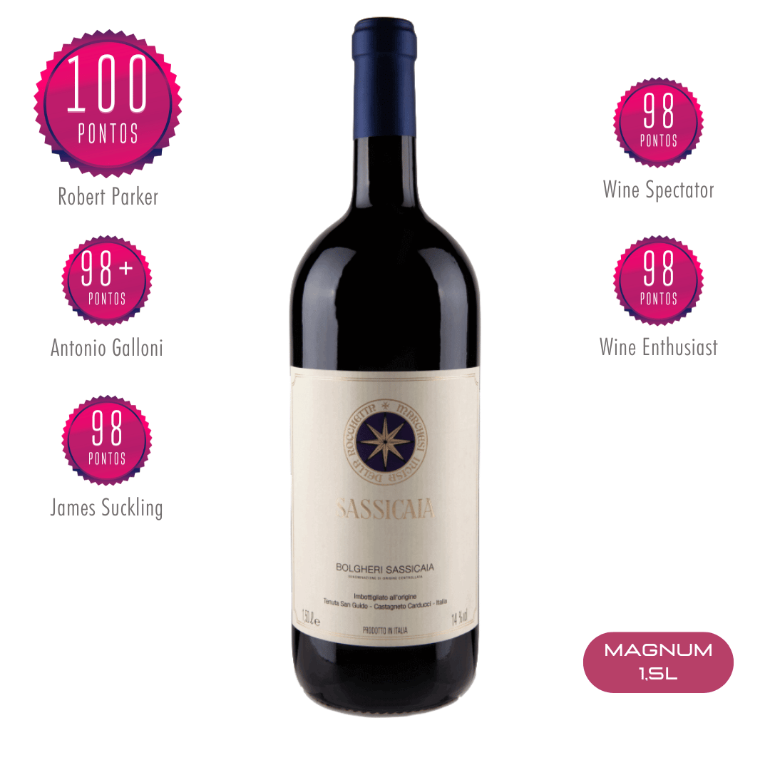 Sassicaia 2021 Magnum IGT Bolgheri Lendário e um dos vinhos mais icônicos do mundo, considerado um Super Toscana. Vinho tinto italiano em nossa loja e delivery para Belo Horizonte BH, Nova Lima e Pampulha.